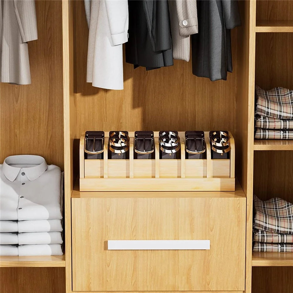 Bamboo Belt Organizer Storage Box Multi Compartment Wardrobe Waist Belt Accessory Holder - 3
