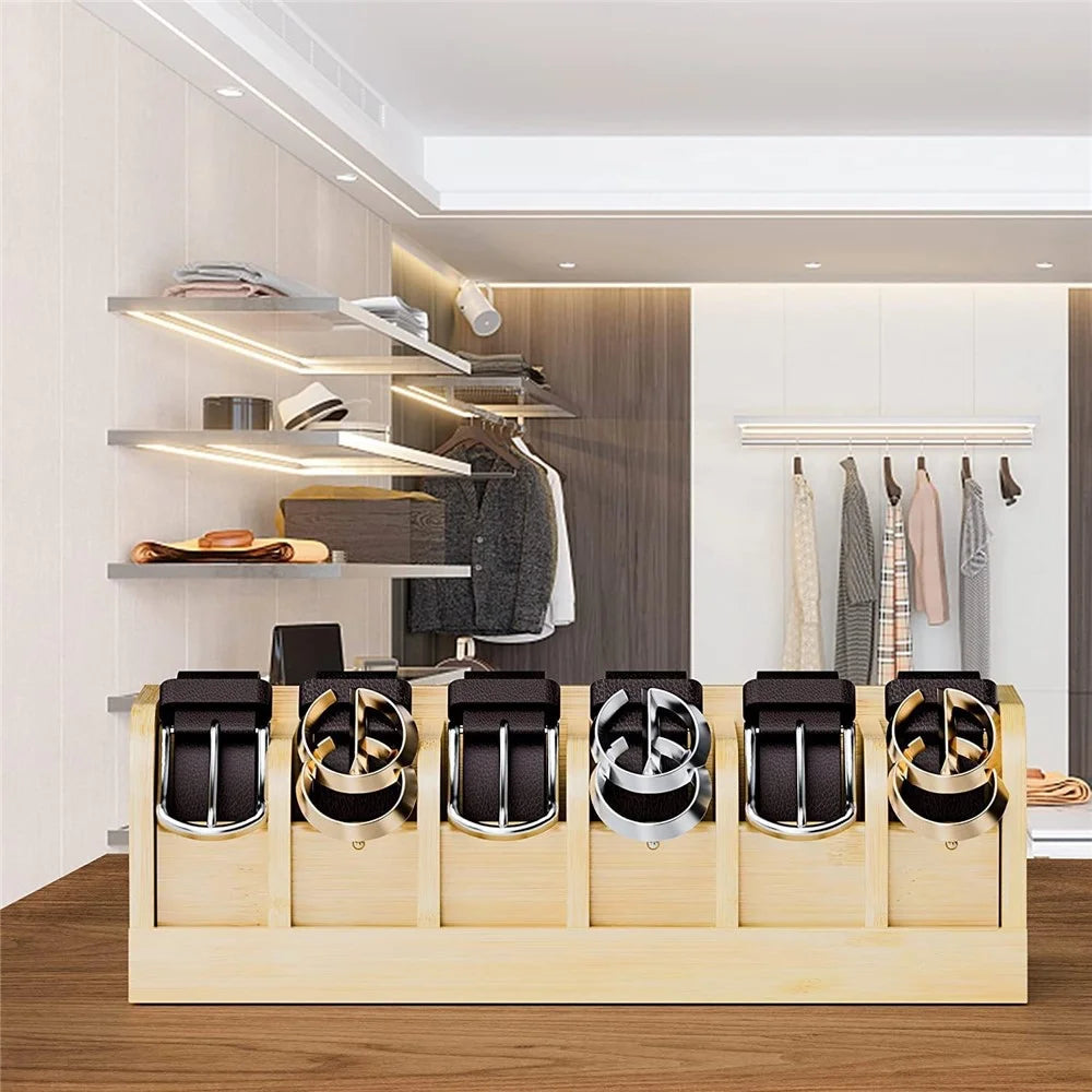 Bamboo Belt Organizer Storage Box Multi Compartment Wardrobe Waist Belt Accessory Holder - 4