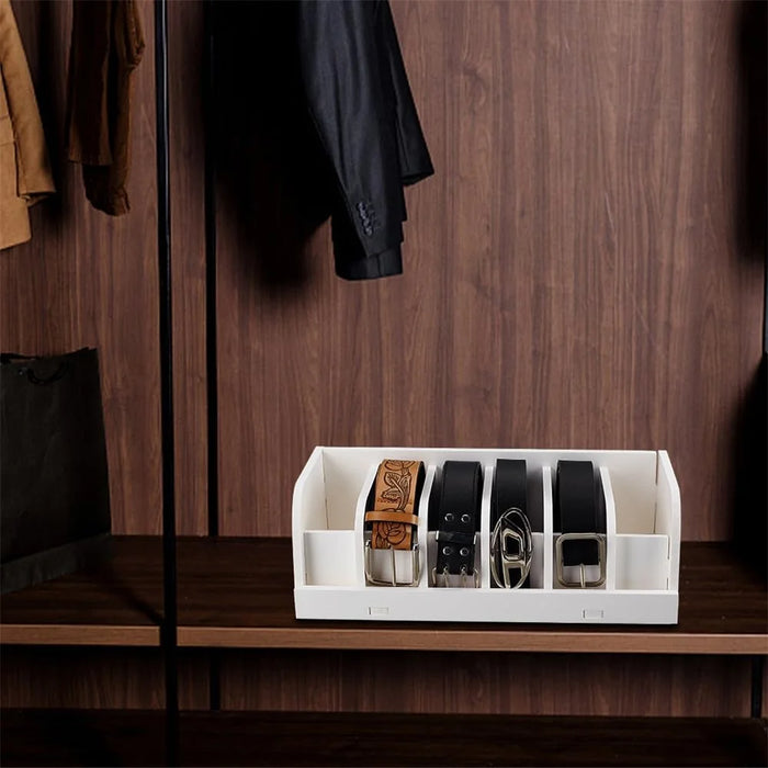Belt Organizer Bamboo Storage Box Multi Compartment Wardrobe Waist Belt Accessory Holder - White - 3