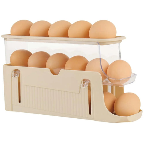 3-Tier Egg Storage Container Auto Rolling Design Refrigerator Side Door Organizer (BPA Free, No FDA) - Beige - 1