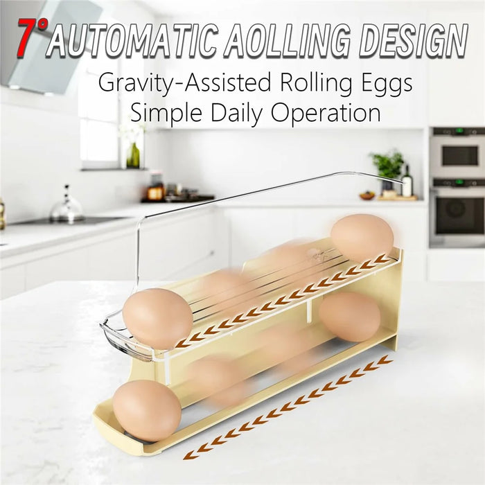3-Tier Egg Storage Container Auto Rolling Design Refrigerator Side Door Organizer (BPA Free, No FDA) - Beige - 2