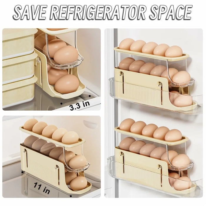 3-Tier Egg Storage Container Auto Rolling Design Refrigerator Side Door Organizer (BPA Free, No FDA) - Beige - 3