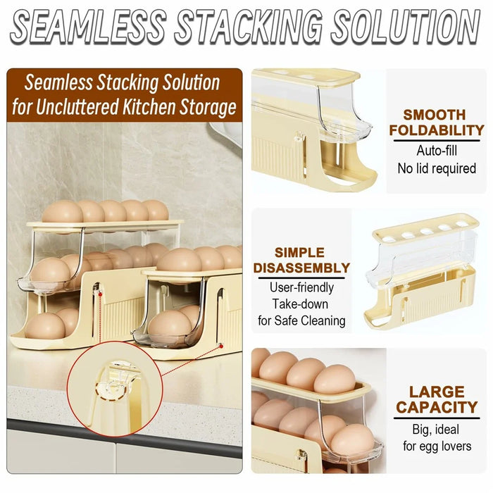 3-Tier Egg Storage Container Auto Rolling Design Refrigerator Side Door Organizer (BPA Free, No FDA) - Beige - 4