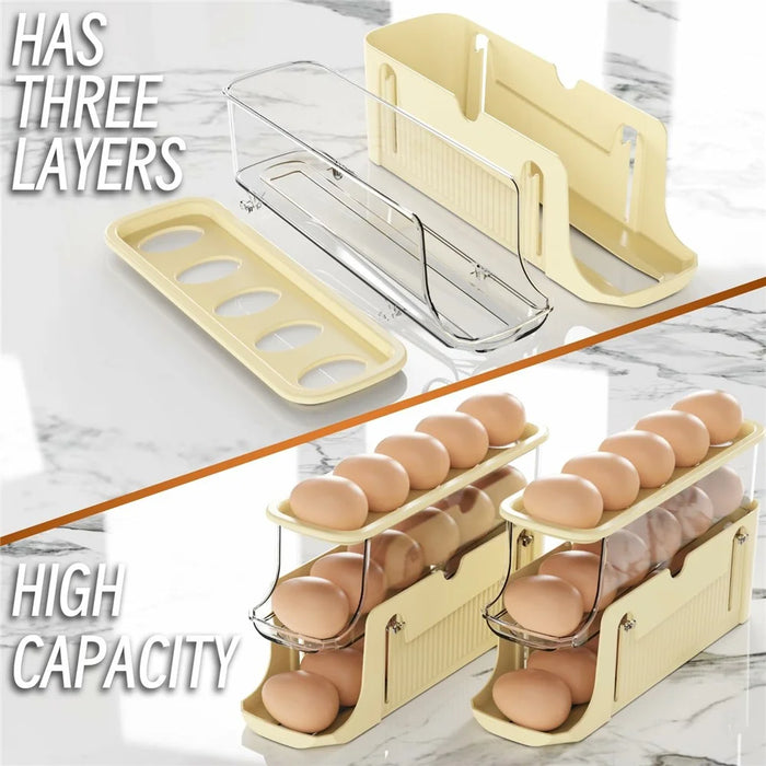 3-Tier Egg Storage Container Auto Rolling Design Refrigerator Side Door Organizer (BPA Free, No FDA) - Beige - 5