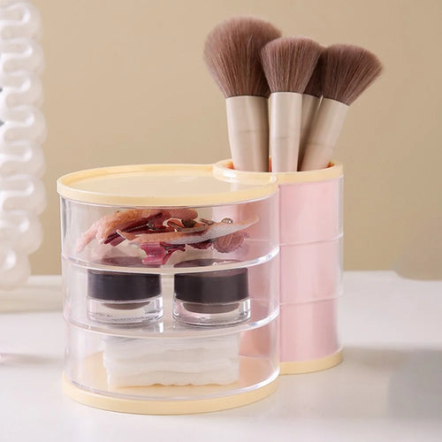 Multifunction Storage Container Desktop Organizer Rotating Makeup Brush Holder Pencil Cup - Transparent Pink - 1