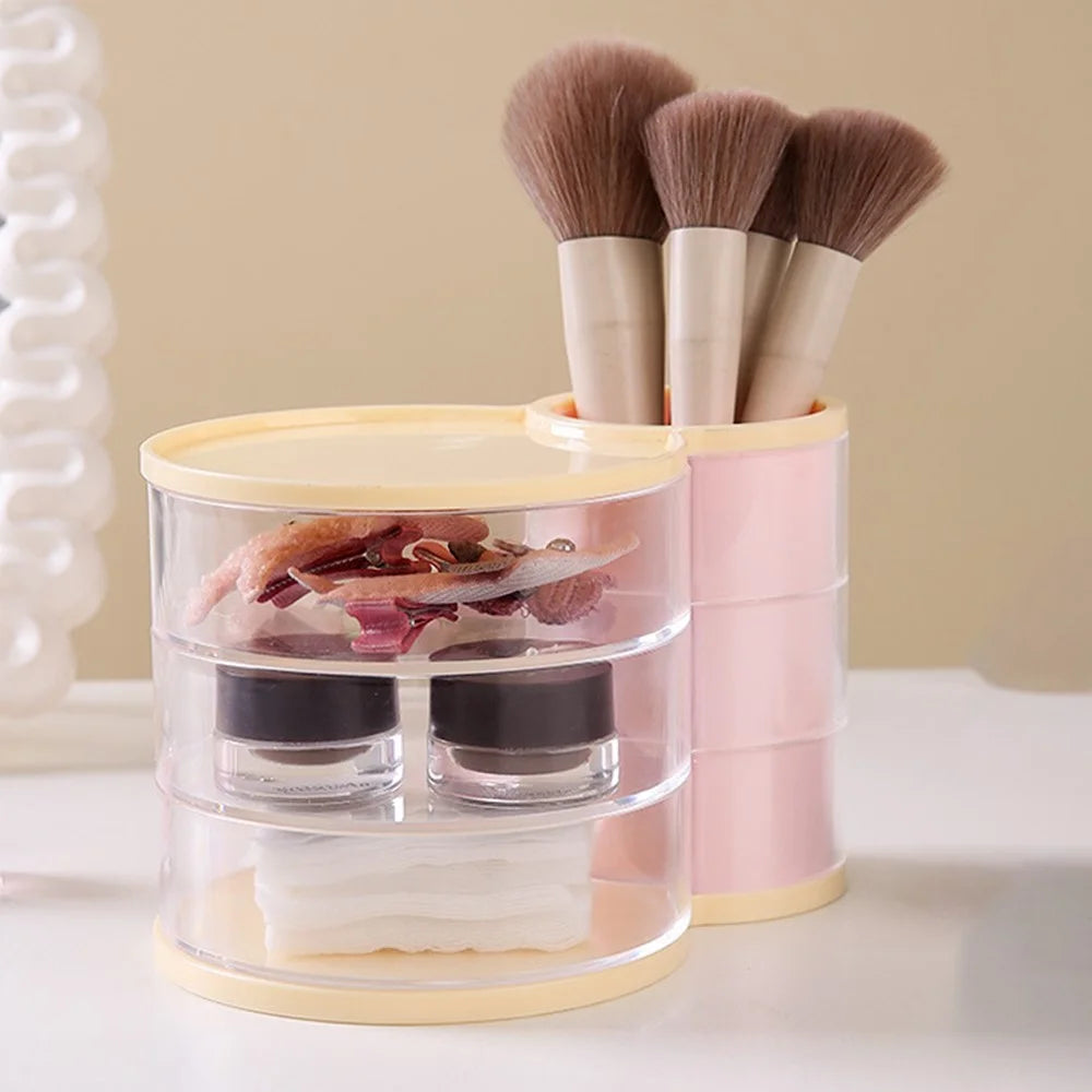 Multifunction Storage Container Desktop Organizer Rotating Makeup Brush Holder Pencil Cup - Transparent Pink - 1