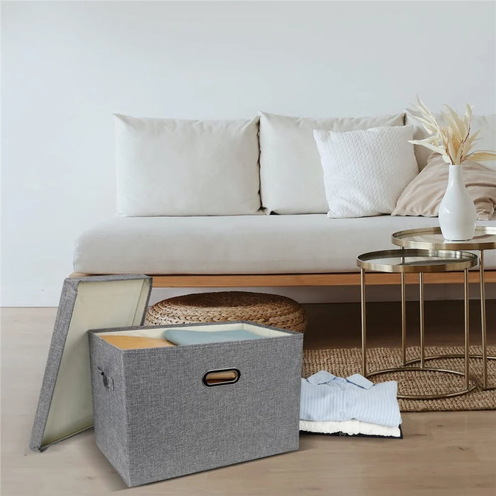 50 x 35 x 31cm Cotton Linen Fabric Storage Box with Lid Foldable Organizer Container for Clothes Toys - Grey - 6