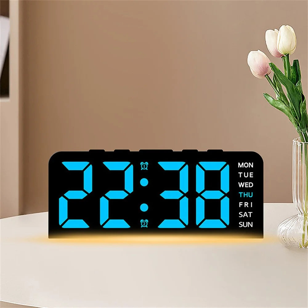 GH9001 LED Digital Clock Large Display with Date Temperature Ambient Light Multi Function Alarm Clock - Black / Blue Light - 2