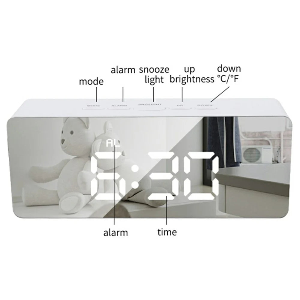 TS-S69 LED Digital Display Multifunction Clock Desk Makeup Mirror Alarm Clock with Temperature - White+White - 3