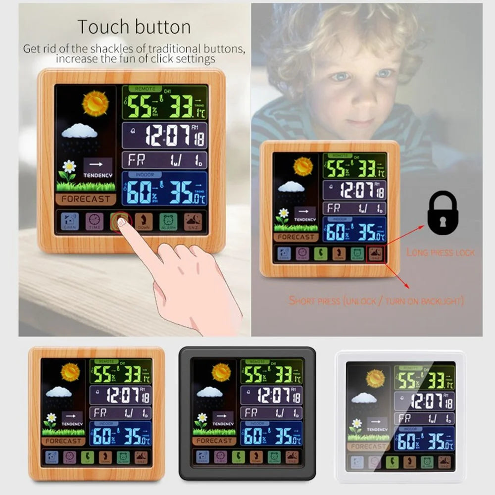 TS-3310 Multifunctional Touch Screen Wireless Weather Station Clock Indoor Outdoor Thermometer Hygrometer - Wood Grain - 3