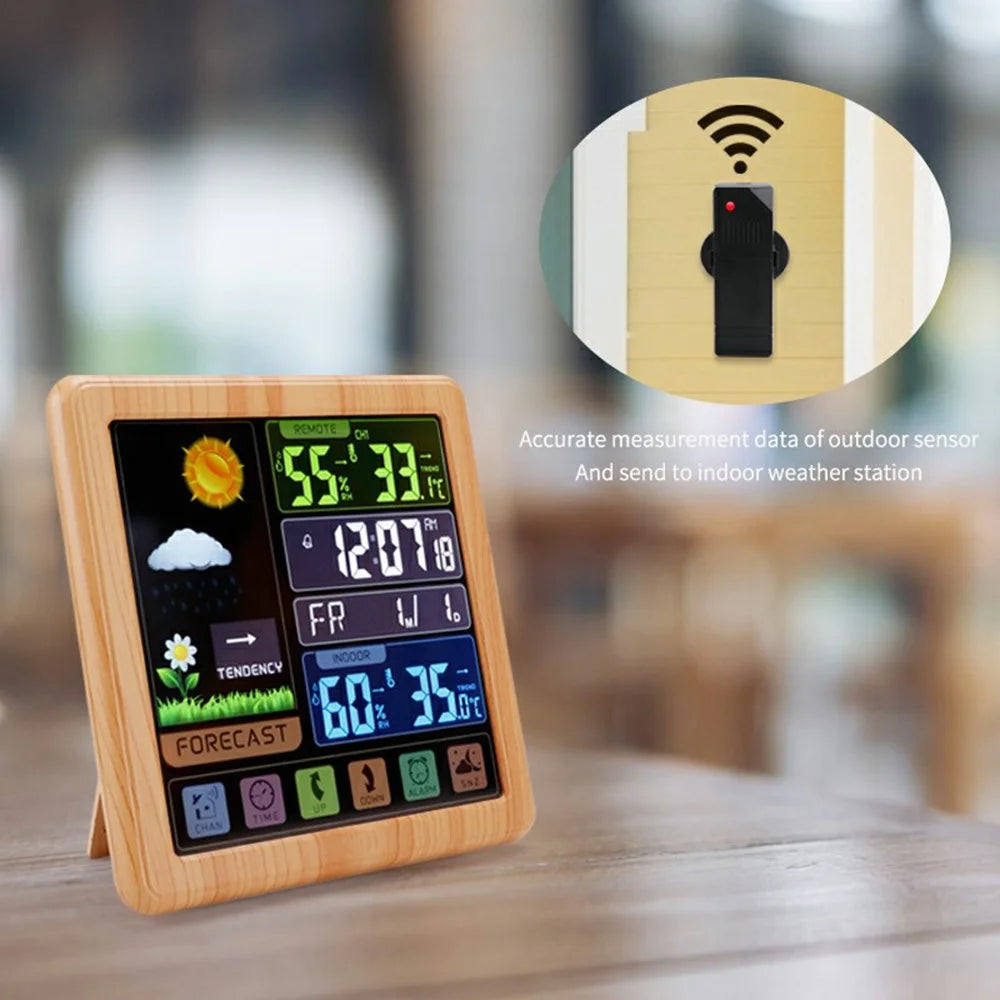 TS-3310 Multifunctional Touch Screen Wireless Weather Station Clock Indoor Outdoor Thermometer Hygrometer - Wood Grain - 6