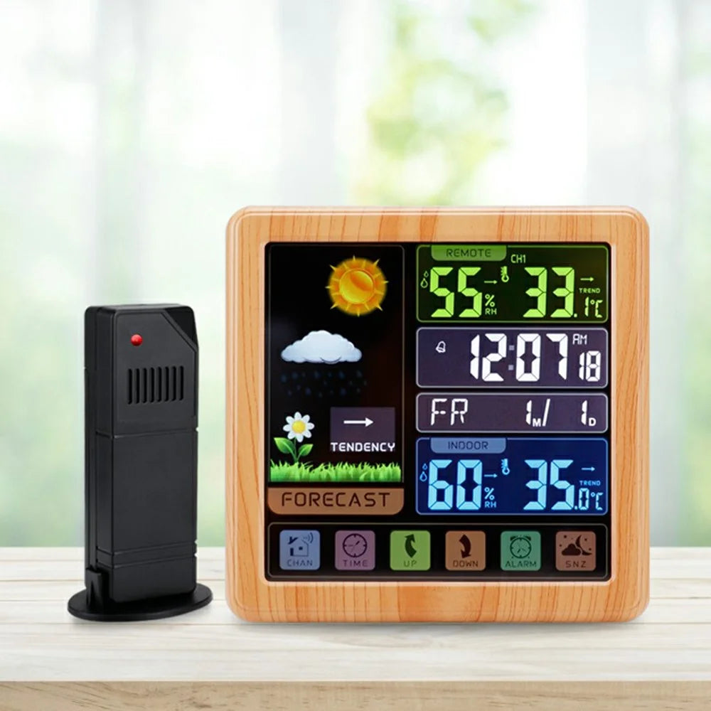 TS-3310 Multifunctional Touch Screen Wireless Weather Station Clock Indoor Outdoor Thermometer Hygrometer - Wood Grain - 7