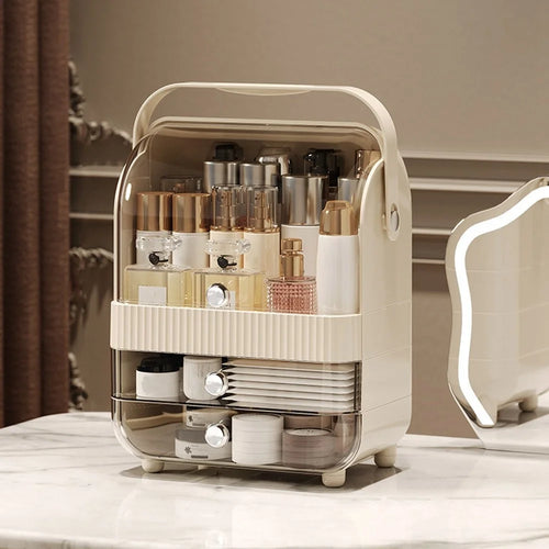 Size S Dust-Proof Makeup Organizer PET Multi-Layer Flip-Top Cosmetic Storage Box with Handle - Beige - 1