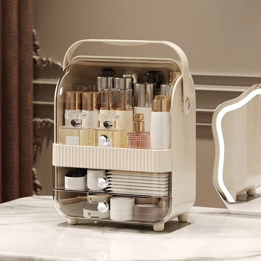 Size S Dust-Proof Makeup Organizer PET Multi-Layer Flip-Top Cosmetic Storage Box with Handle - Beige - 1