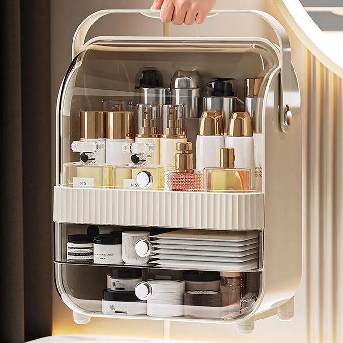 Size S Dust-Proof Makeup Organizer PET Multi-Layer Flip-Top Cosmetic Storage Box with Handle - Beige - 4