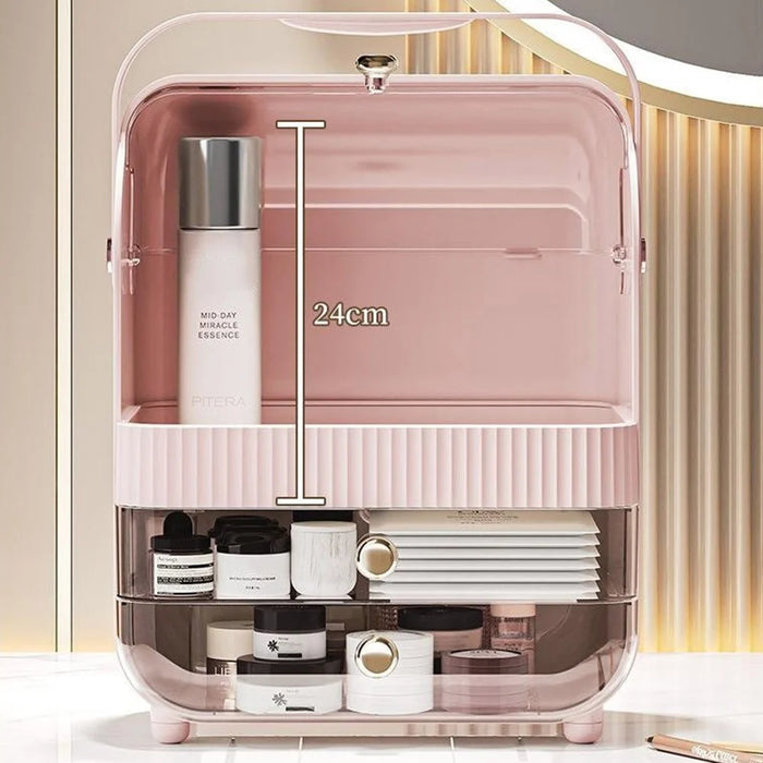 Size S Dust-Proof Makeup Organizer PET Multi-Layer Flip-Top Cosmetic Storage Box with Handle - Beige - 7