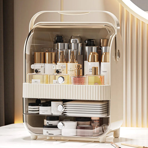 Makeup Organizer Large Capacity Multi-Layer Flip Top Storage Box With Handle Dust-Proof Cosmetic Case, L Size - Yellow - 1
