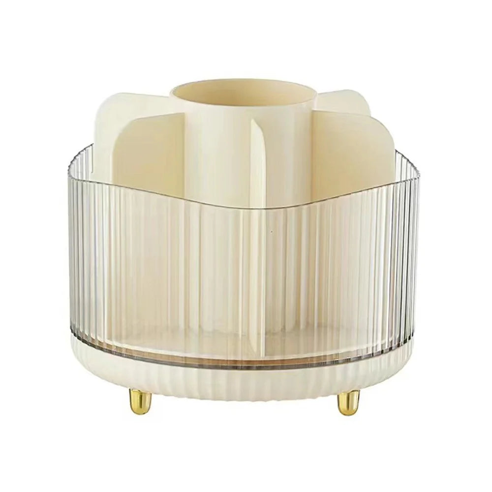Rotating Makeup Brush Holder Organizer Eyeshadow Brushes Eyebrow Pencils Desktop Cosmetic Storage Box without Lid - Beige - 1