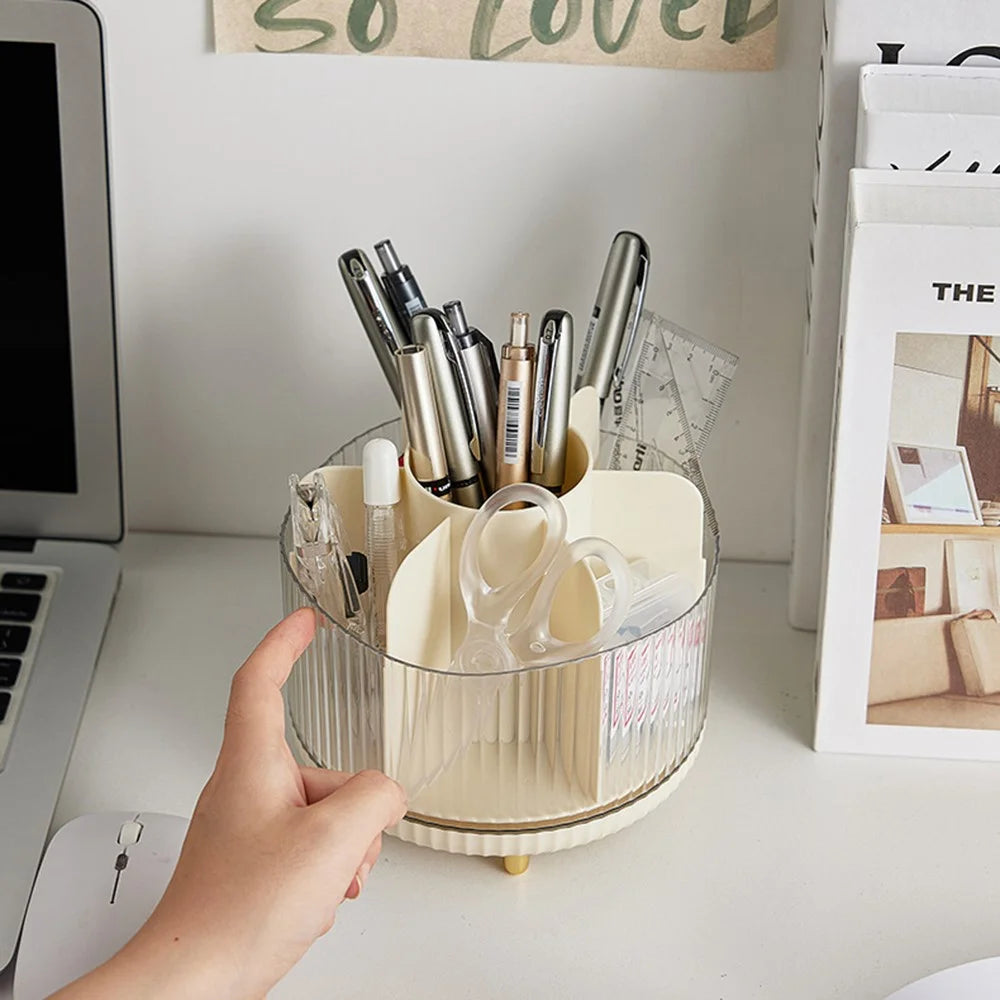 Rotating Makeup Brush Holder Organizer Eyeshadow Brushes Eyebrow Pencils Desktop Cosmetic Storage Box without Lid - Beige - 5