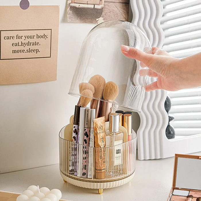 Rotating Makeup Brush Holder Organizer Eyeshadow Brushes Eyebrow Pencils Desktop Cosmetic Storage Box with Lid - Beige - 2