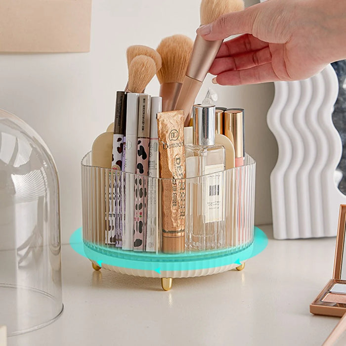 Rotating Makeup Brush Holder Organizer Eyeshadow Brushes Eyebrow Pencils Desktop Cosmetic Storage Box with Lid - Beige - 3