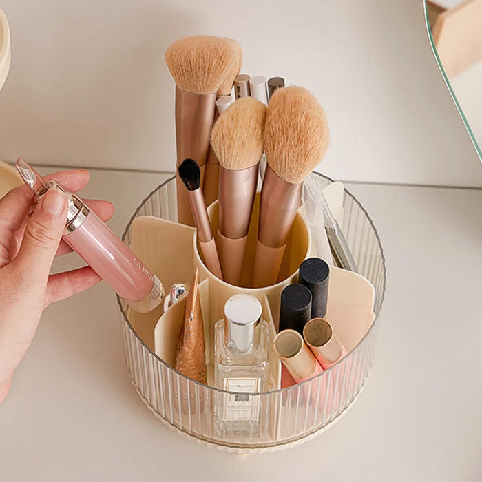 Rotating Makeup Brush Holder Organizer Eyeshadow Brushes Eyebrow Pencils Desktop Cosmetic Storage Box with Lid - Beige - 4
