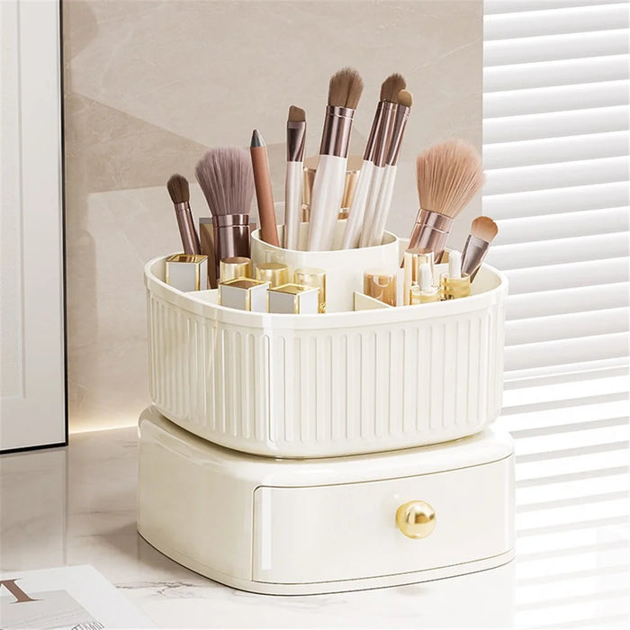 Rotating Makeup Organizer with Drawer Cosmetic Brush Holder Lipstick Eyebrow Pencil Storage Rack - Beige - 1