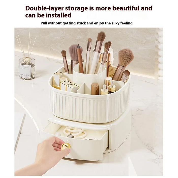 Rotating Makeup Organizer with Drawer Cosmetic Brush Holder Lipstick Eyebrow Pencil Storage Rack - Beige - 4