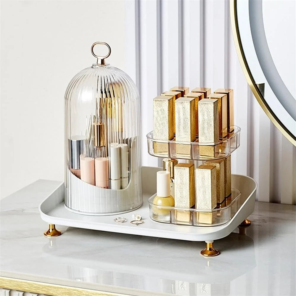 Rotating Makeup Organizer Desktop Cosmetic Storage Box with Lid + Lipstick Storage Rack - 1