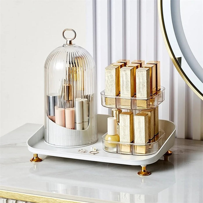 Rotating Makeup Organizer Desktop Cosmetic Storage Box with Lid + Lipstick Storage Rack - 1