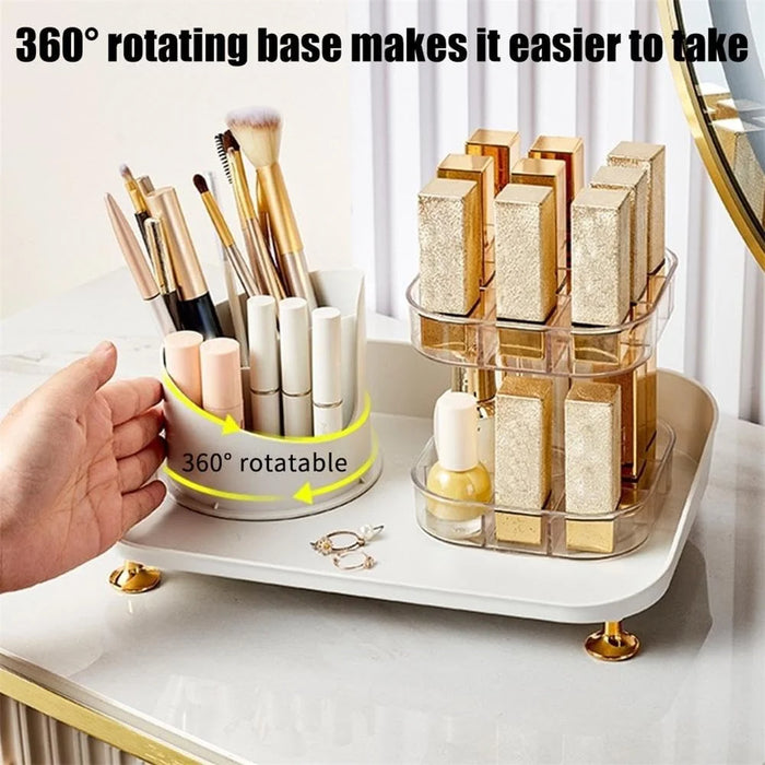 Rotating Makeup Organizer Desktop Cosmetic Storage Box with Lid + Lipstick Storage Rack - 3