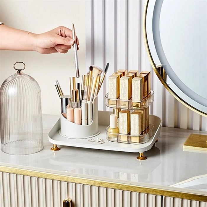 Rotating Makeup Organizer Desktop Cosmetic Storage Box with Lid + Lipstick Storage Rack - 5