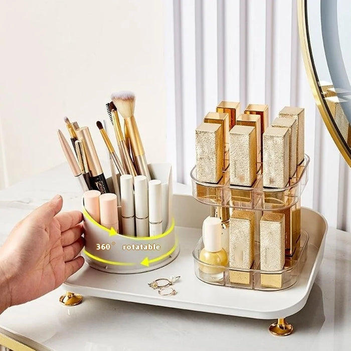 Rotating Makeup Organizer Desktop Cosmetic Storage Box with Lid + Lipstick Storage Rack - 7