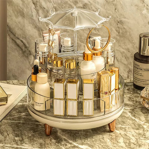 Rotating Makeup Organizer Skincare Product Cosmetic Storage Box Transparent Jewelry Hanging Holder with Heighten Feet - 1