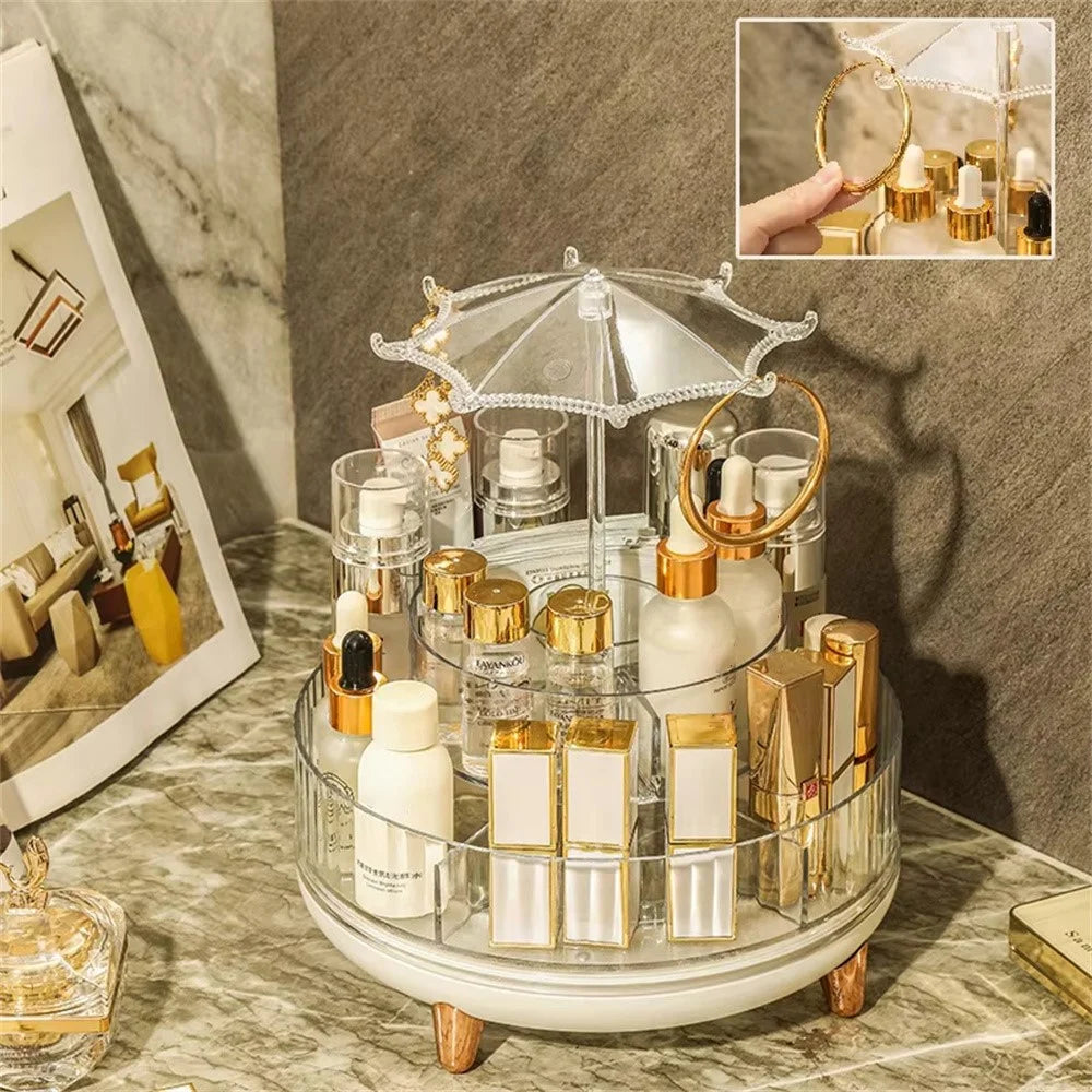 Rotating Makeup Organizer Skincare Product Cosmetic Storage Box Transparent Jewelry Hanging Holder with Heighten Feet - 2