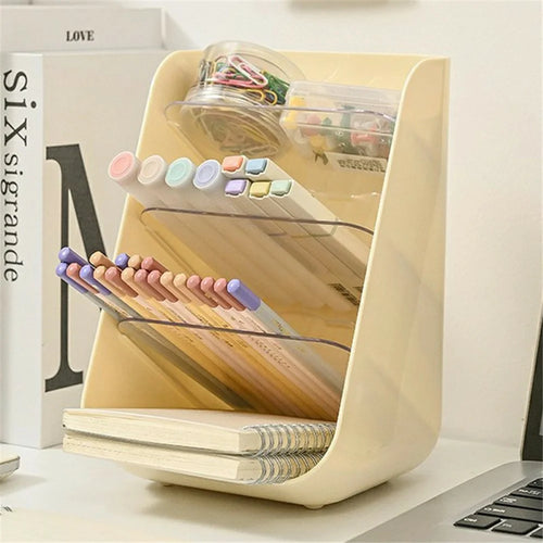Slanted Cosmetic Organizer Multi-Tier Compartments Plastic Makeup Storage Box Desktop Holder - Beige - 1