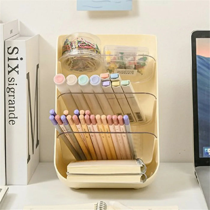 Slanted Cosmetic Organizer Multi-Tier Compartments Plastic Makeup Storage Box Desktop Holder - Beige - 2