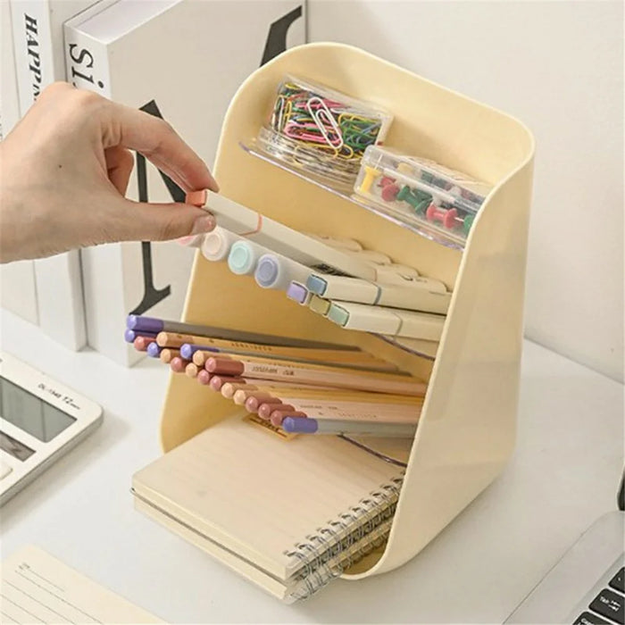 Slanted Cosmetic Organizer Multi-Tier Compartments Plastic Makeup Storage Box Desktop Holder - Beige - 3