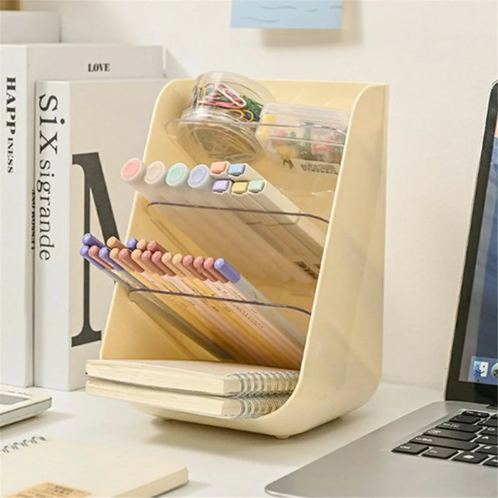 Slanted Cosmetic Organizer Multi-Tier Compartments Plastic Makeup Storage Box Desktop Holder - Beige - 4