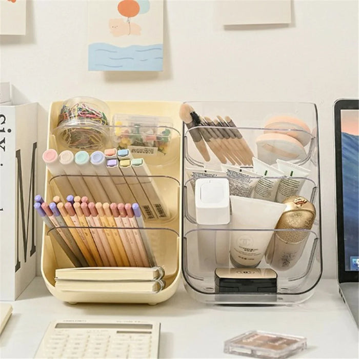 Slanted Cosmetic Organizer Multi-Tier Compartments Plastic Makeup Storage Box Desktop Holder - Beige - 7