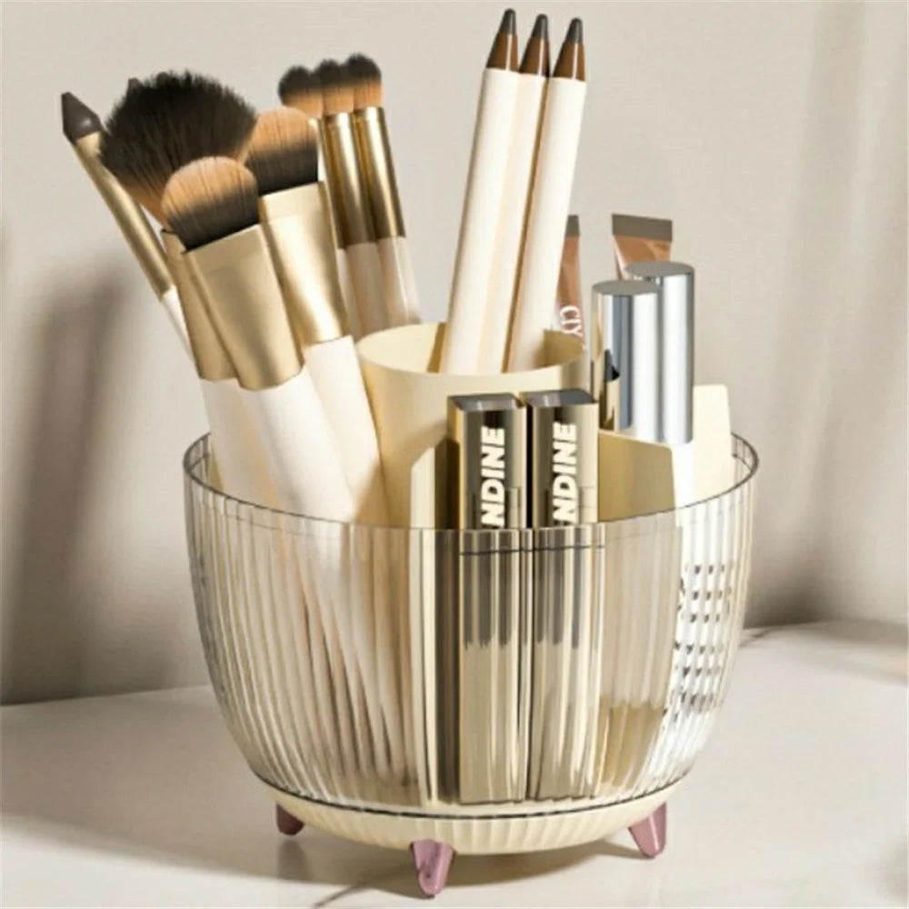Rotating Makeup Brush Holder Desktop Cosmetic Organizer Eyebrow Pencil Storage Box - Beige - 1