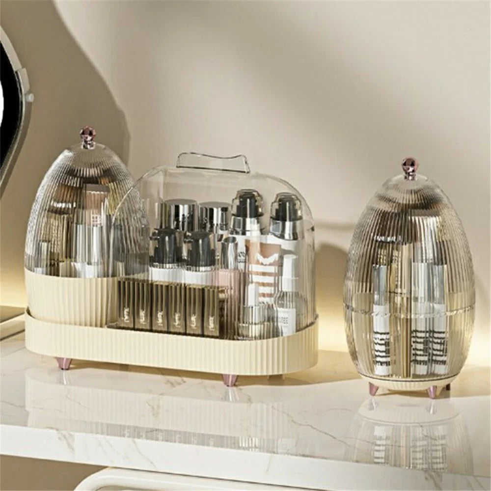 Dustproof Rotating Makeup Brush Eyebrow Pencil Holder Cosmetic Organizer Vanity Storage Container with Lid - Beige - 3