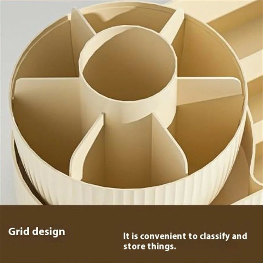 Dustproof Rotating Makeup Brush Eyebrow Pencil Holder Cosmetic Organizer Vanity Storage Container with Lid - Beige - 5