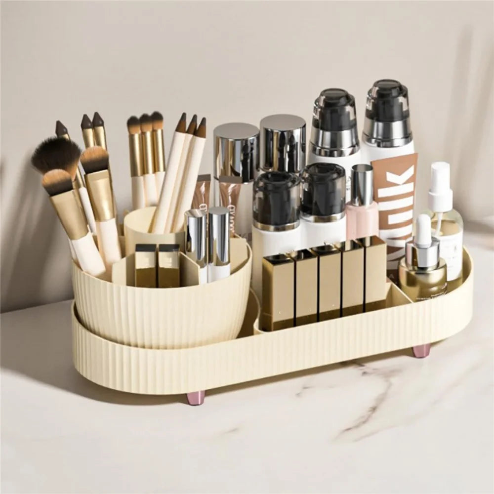 Rotating Makeup Organizer Vanity Cosmetic Brush Holder 360 Degree Spin Storage Box without Lid - Beige - 1