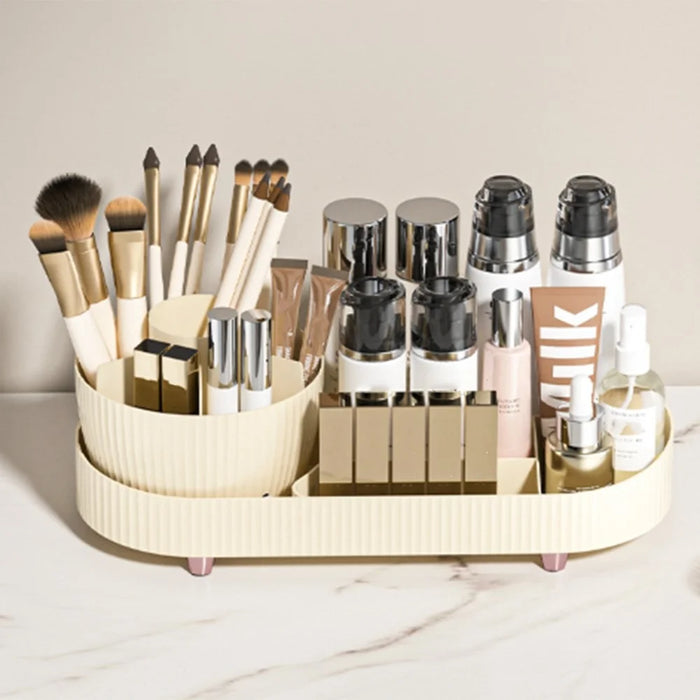 Rotating Makeup Organizer Vanity Cosmetic Brush Holder 360 Degree Spin Storage Box without Lid - Beige - 2