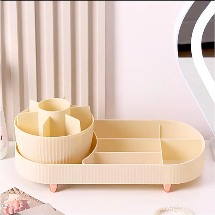 Rotating Makeup Organizer Vanity Cosmetic Brush Holder 360 Degree Spin Storage Box without Lid - Beige - 3