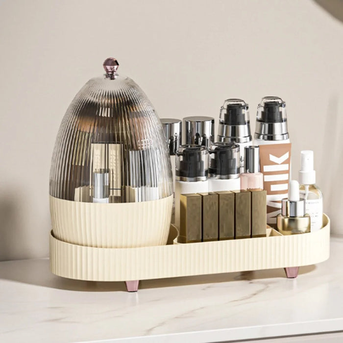 Rotating Makeup Organizer Vanity Cosmetic Brush Holder 360 Degree Spin Storage Box with Lid - Beige - 2