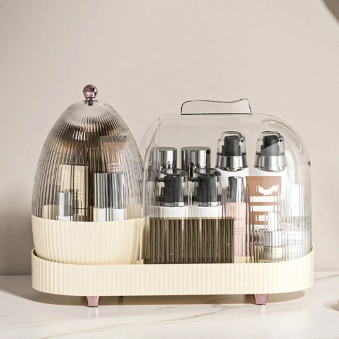 Rotating Makeup Organizer Vanity Cosmetic Brush Holder 360 Degree Spin Storage Box with Lid - Beige - 4