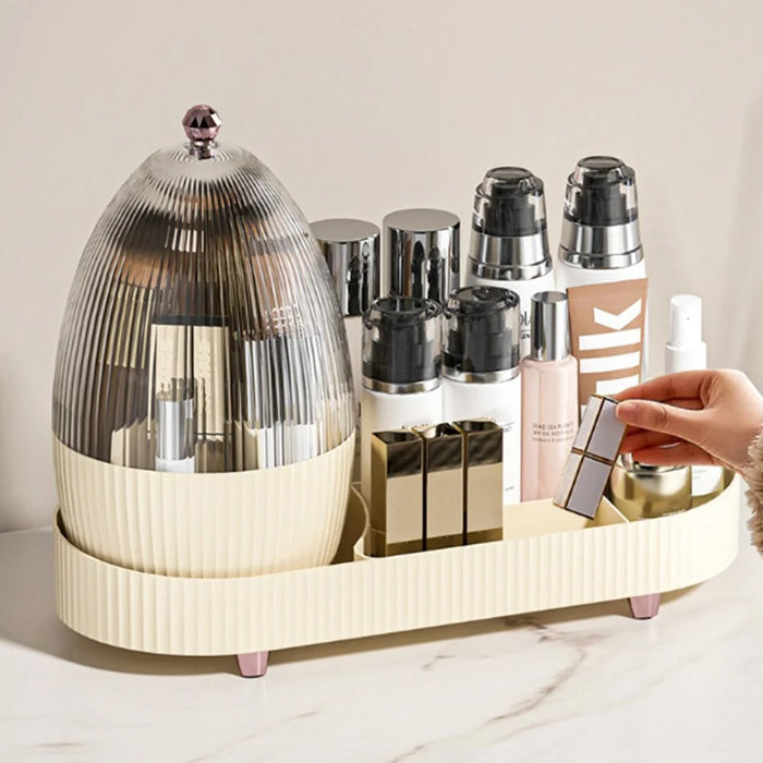 Rotating Makeup Organizer Vanity Cosmetic Brush Holder 360 Degree Spin Storage Box with Lid - Beige - 5