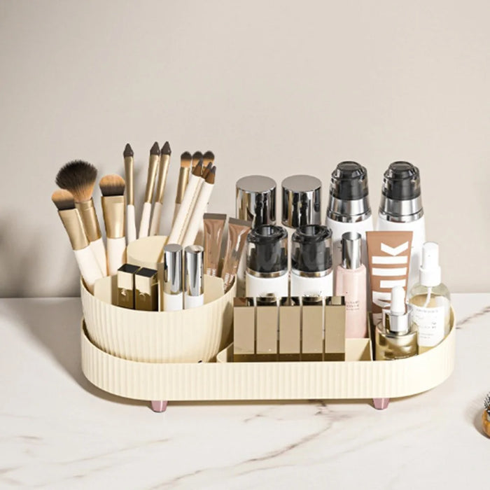 Rotating Makeup Organizer Vanity Cosmetic Brush Holder 360 Degree Spin Storage Box with Lid - Beige - 7
